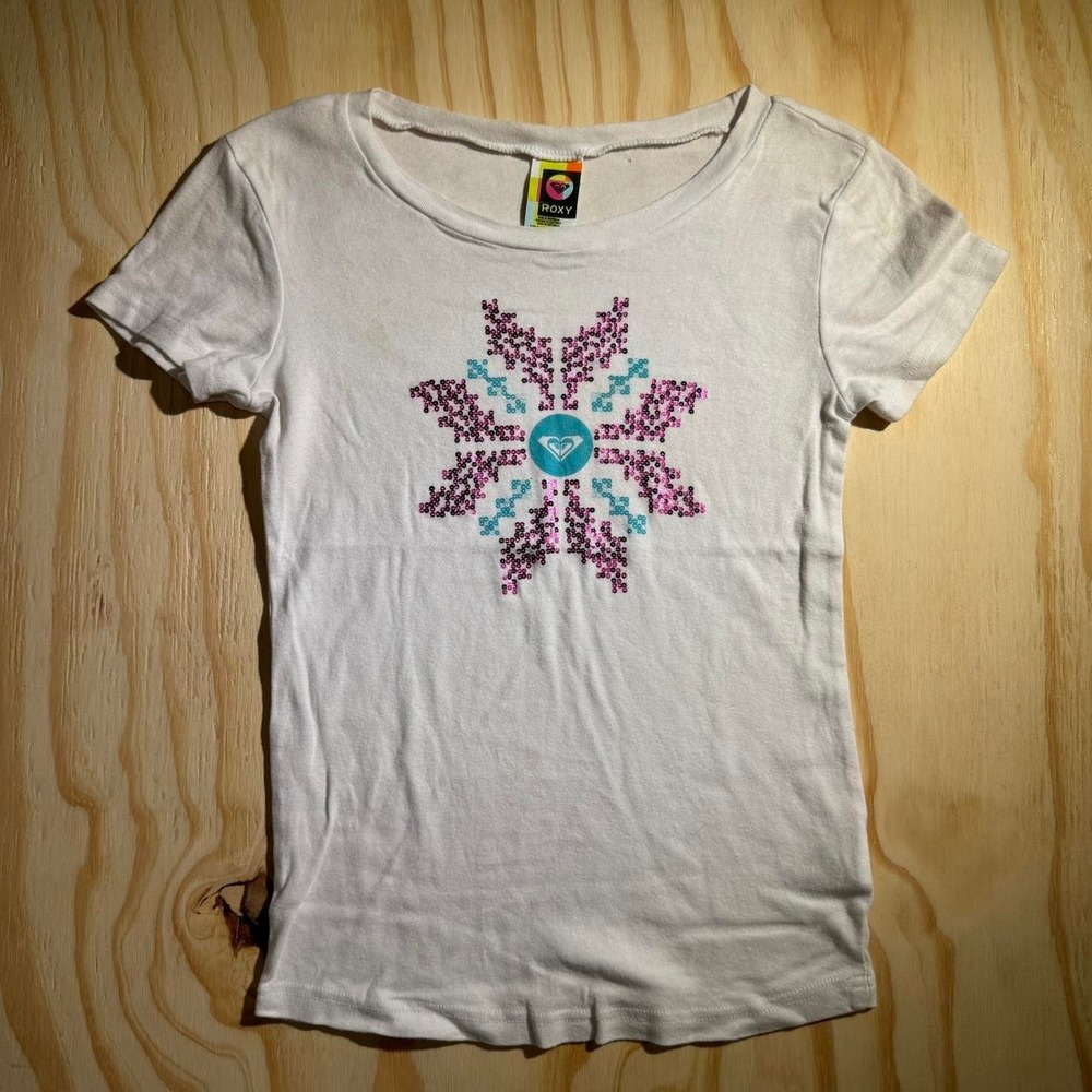 Roxy Girls White Snowflake Sequin Graphic Tee Shirt Medium 0798